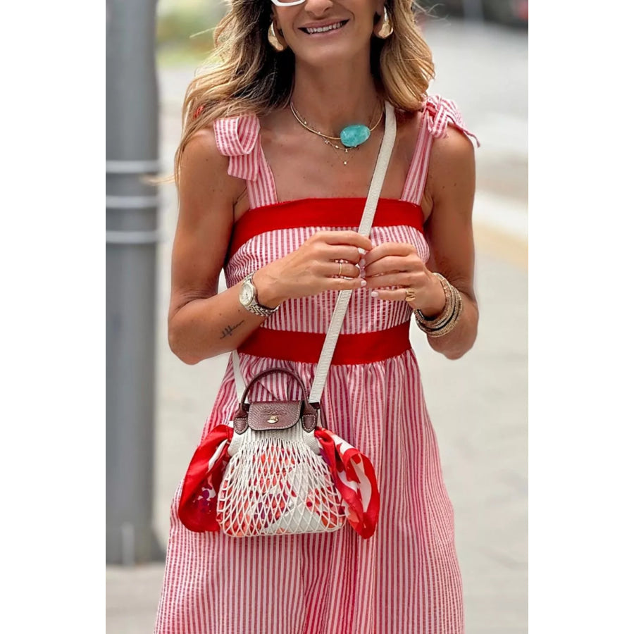 Stripe Bow Knot Straps Contrast Trim High Waist Ruffle Hem Maxi Dress Apparel and Accessories