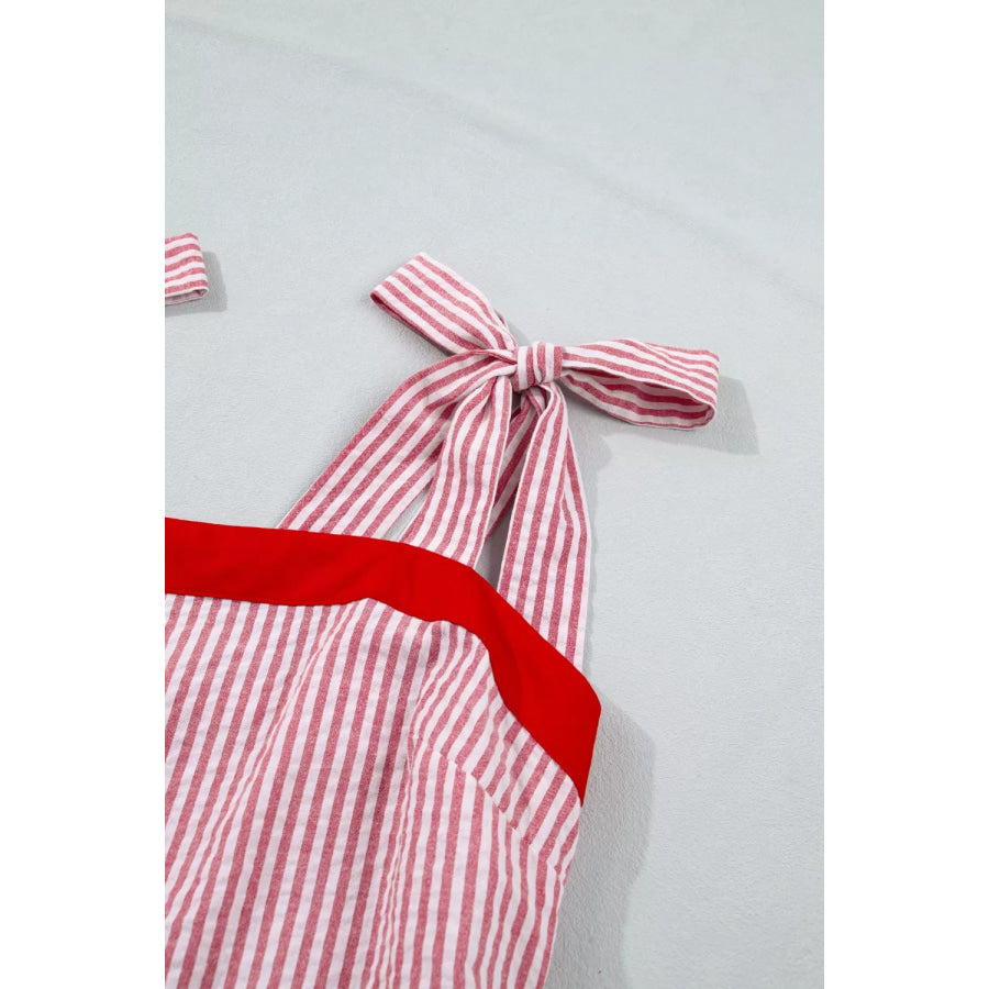 Stripe Bow Knot Straps Contrast Trim High Waist Ruffle Hem Maxi Dress Apparel and Accessories