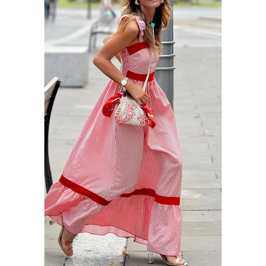 Stripe Bow Knot Straps Contrast Trim High Waist Ruffle Hem Maxi Dress Apparel and Accessories