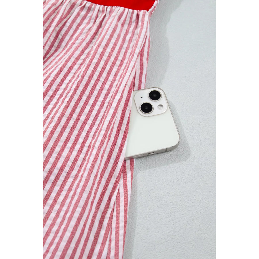 Stripe Bow Knot Straps Contrast Trim High Waist Ruffle Hem Maxi Dress Apparel and Accessories