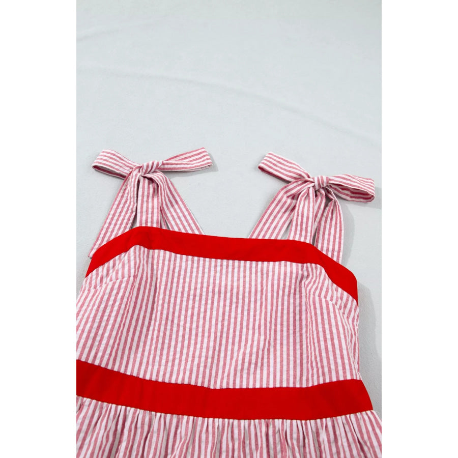 Stripe Bow Knot Straps Contrast Trim High Waist Ruffle Hem Maxi Dress Apparel and Accessories