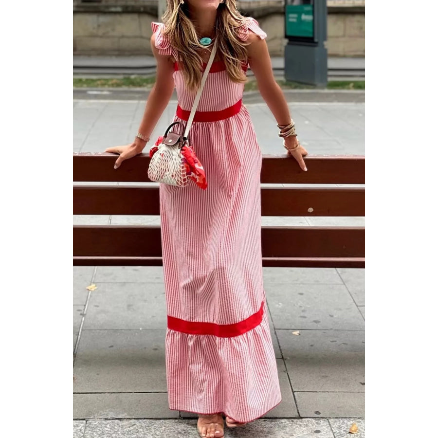 Stripe Bow Knot Straps Contrast Trim High Waist Ruffle Hem Maxi Dress Apparel and Accessories