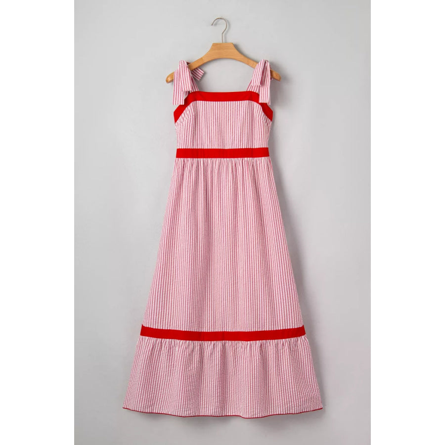 Stripe Bow Knot Straps Contrast Trim High Waist Ruffle Hem Maxi Dress Apparel and Accessories