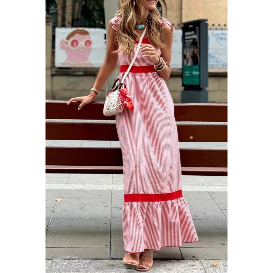 Stripe Bow Knot Straps Contrast Trim High Waist Ruffle Hem Maxi Dress Dusty Pink / S Apparel and Accessories