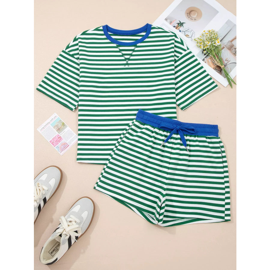 Stripe Boxy Tee and Drawstring Elastic Waist Shorts Set Apparel and Accessories