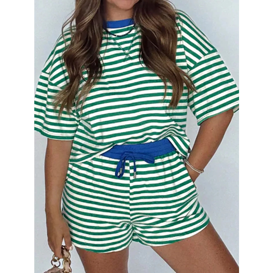 Stripe Boxy Tee and Drawstring Elastic Waist Shorts Set Apparel and Accessories