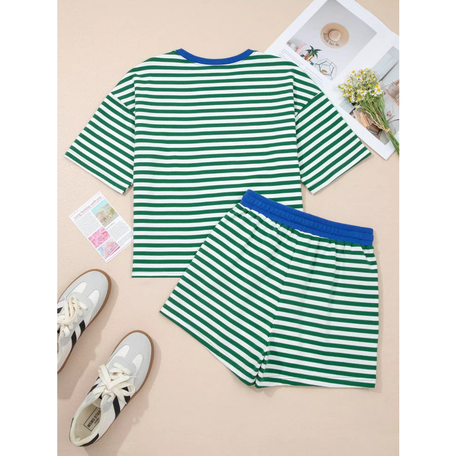 Stripe Boxy Tee and Drawstring Elastic Waist Shorts Set Apparel and Accessories