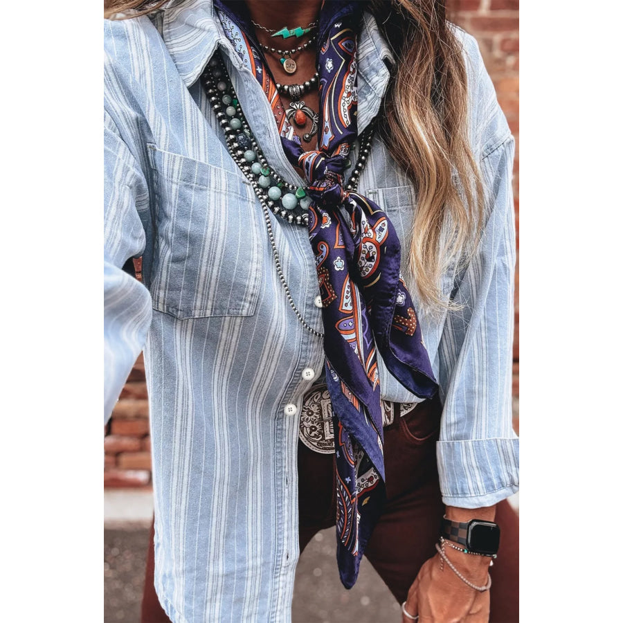 Stripe Boyfriend Chest Pocket Classic Denim Shacket Light Blue / S Apparel and Accessories