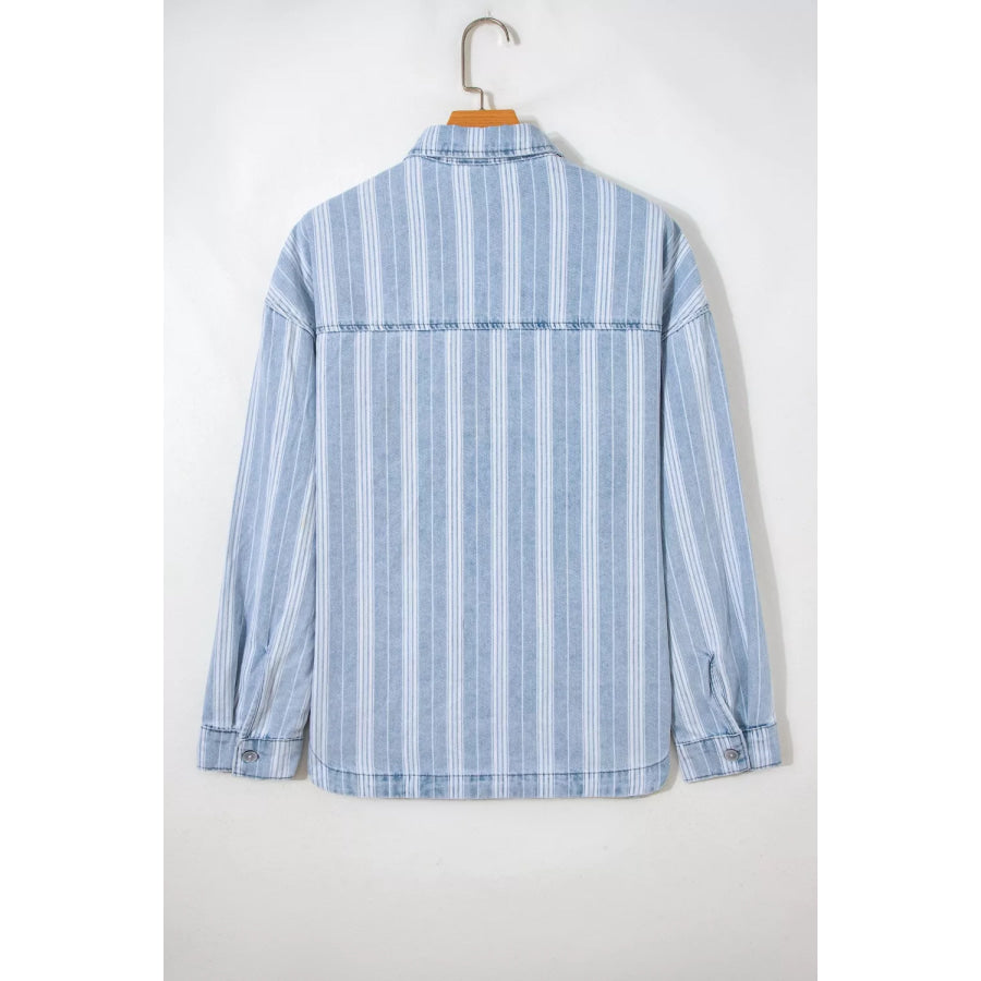 Stripe Boyfriend Chest Pocket Classic Denim Shacket Apparel and Accessories