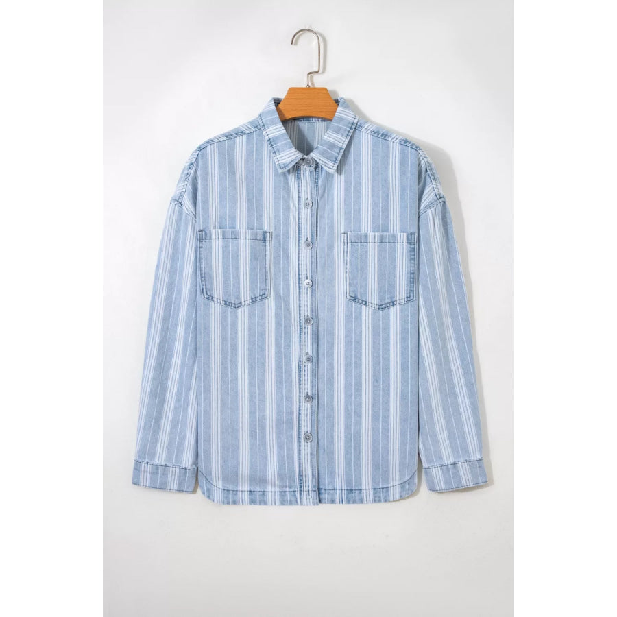 Stripe Boyfriend Chest Pocket Classic Denim Shacket Apparel and Accessories
