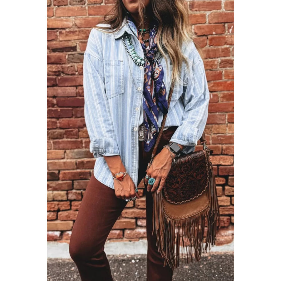 Stripe Boyfriend Chest Pocket Classic Denim Shacket Apparel and Accessories