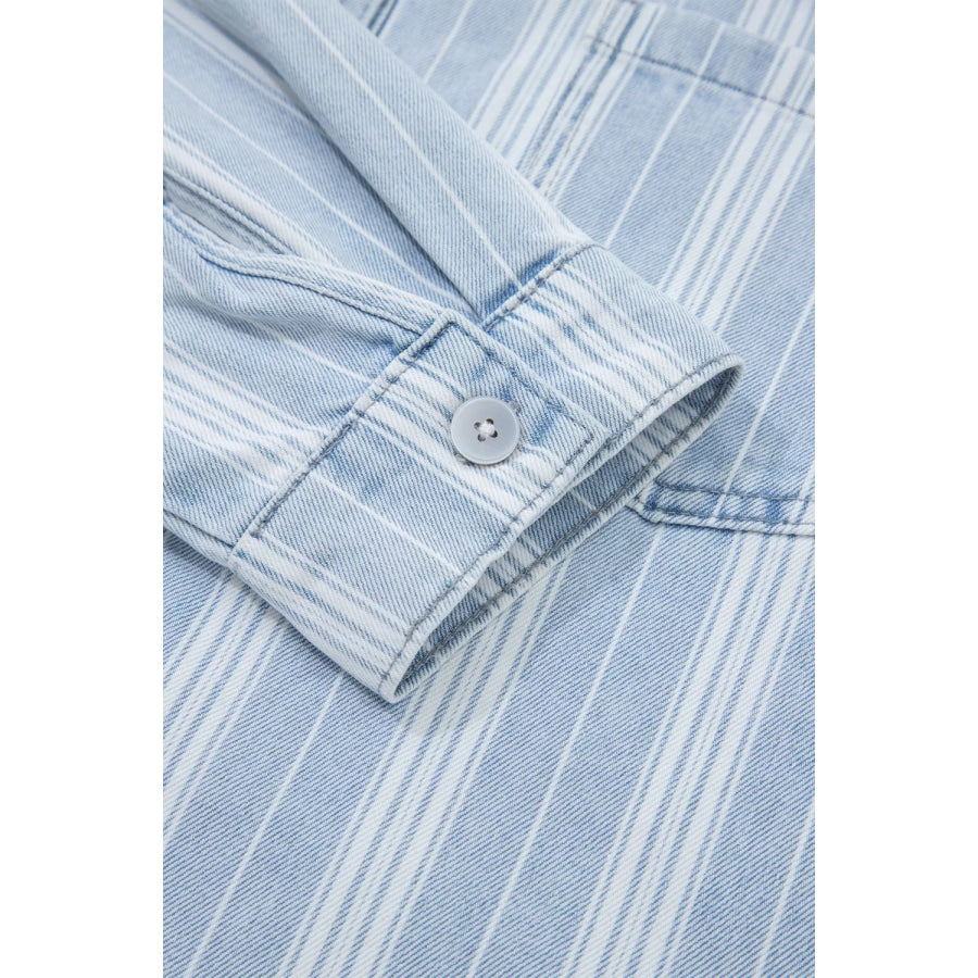 Stripe Boyfriend Chest Pocket Classic Denim Shacket Apparel and Accessories