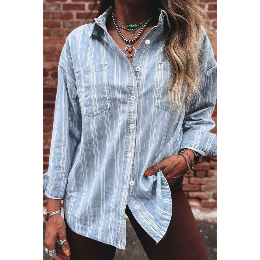Stripe Boyfriend Chest Pocket Classic Denim Shacket Light Blue / S Apparel and Accessories