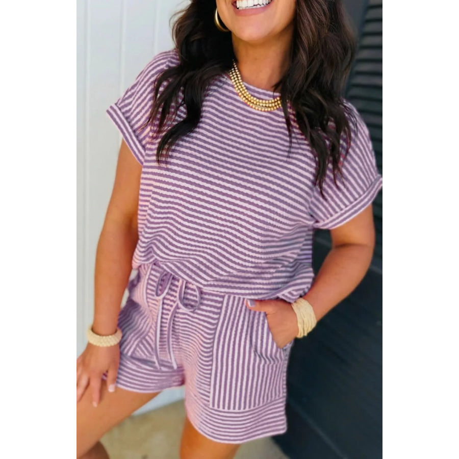 Stripe Breathable Textured Knit Short 2pcs Set Apparel and Accessories
