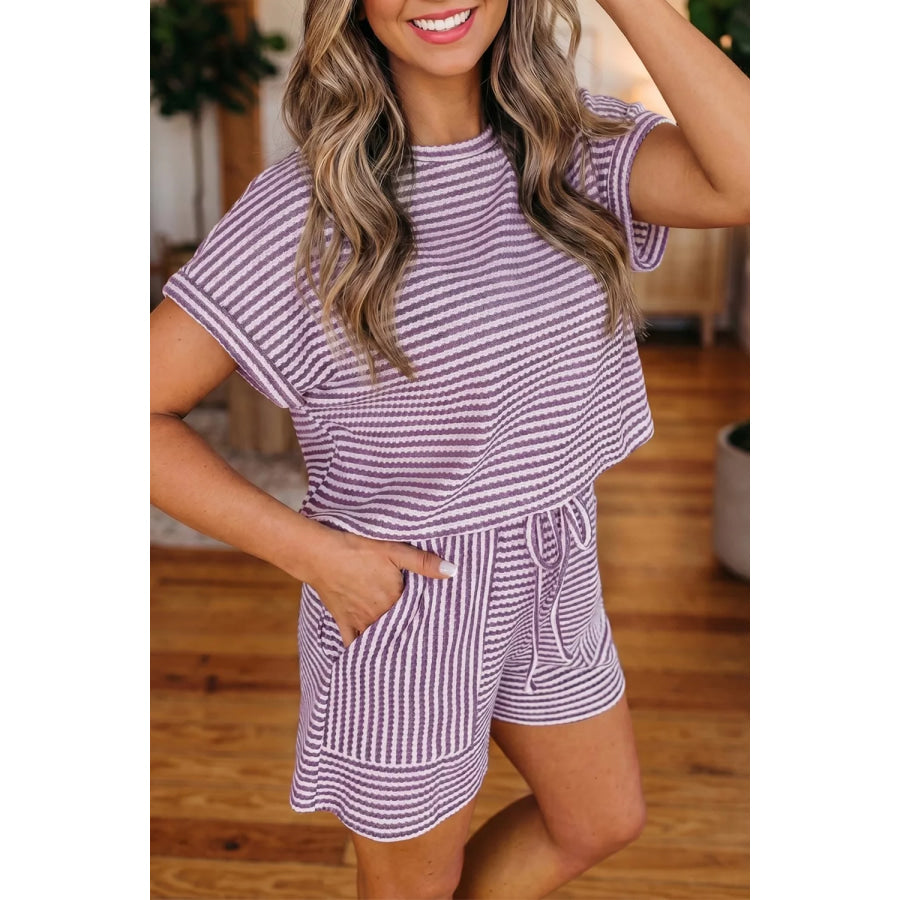 Stripe Breathable Textured Knit Short 2pcs Set Apparel and Accessories
