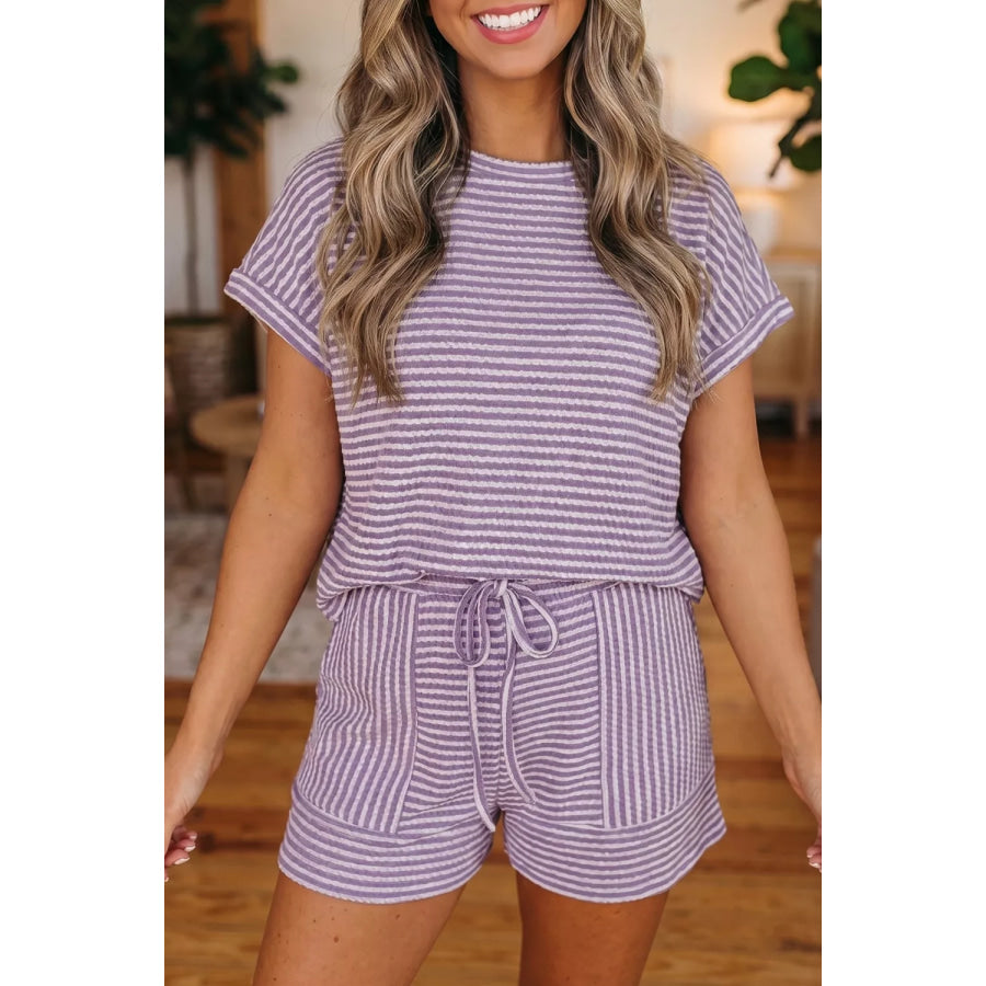 Stripe Breathable Textured Knit Short 2pcs Set Lilac / S Apparel and Accessories