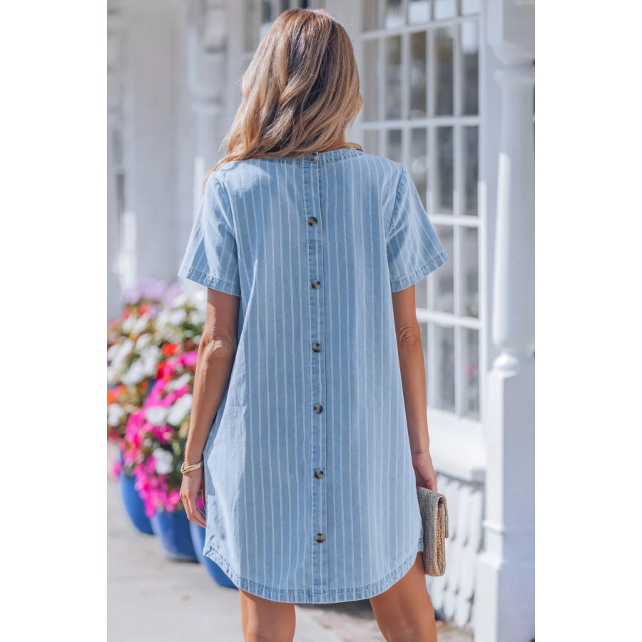 Stripe Buttoned Back T-Shirt Denim Mini Dress Light Blue / S Apparel and Accessories