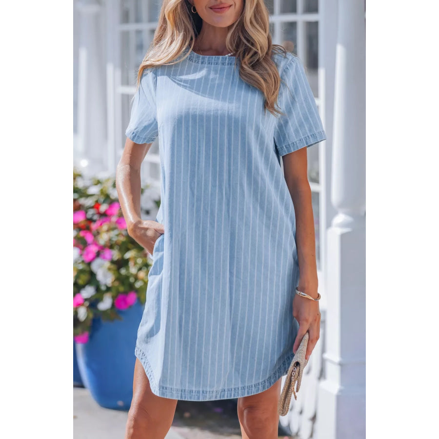 Stripe Buttoned Back T-Shirt Denim Mini Dress Apparel and Accessories