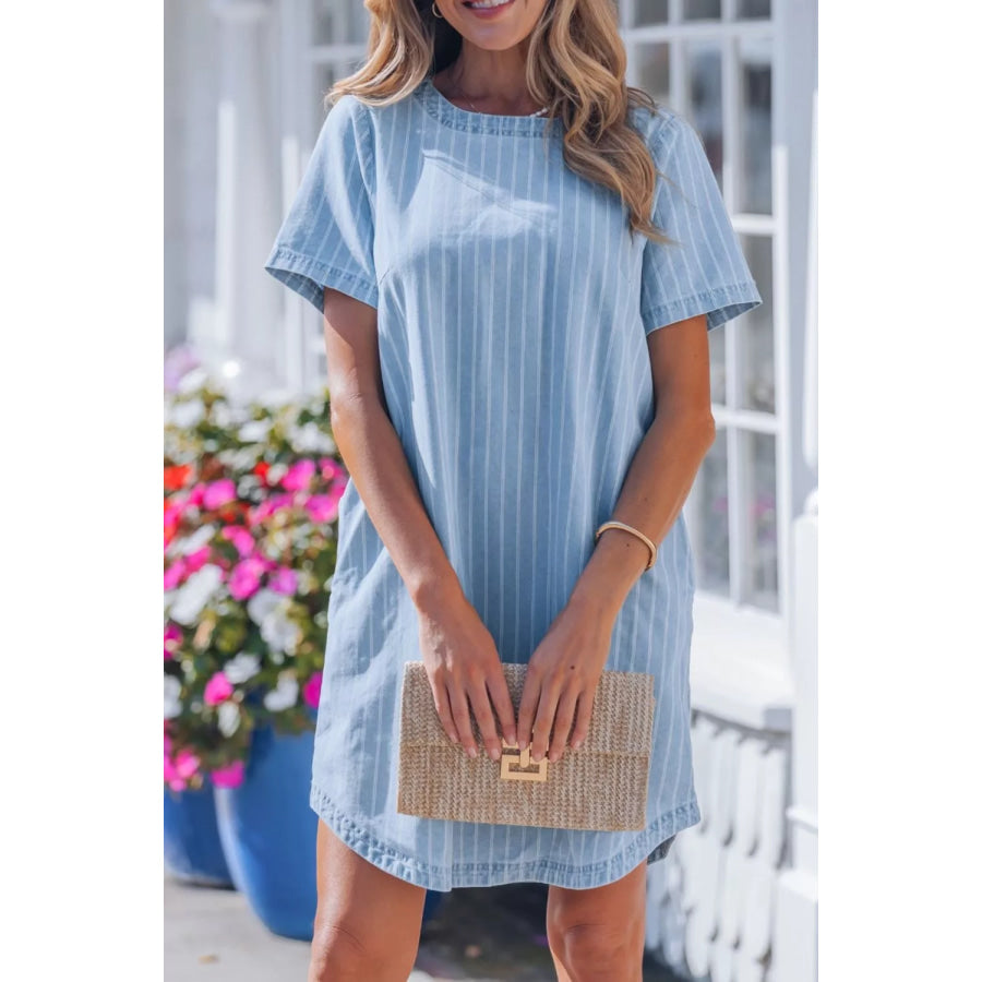 Stripe Buttoned Back T-Shirt Denim Mini Dress Apparel and Accessories