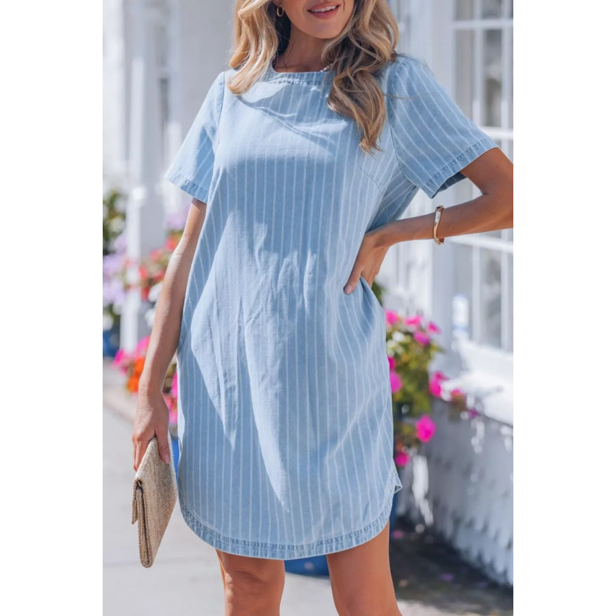 Stripe Buttoned Back T-Shirt Denim Mini Dress Light Blue / S Apparel and Accessories