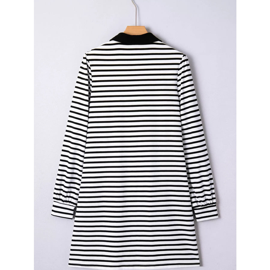Stripe Buttoned Front Collared Long Sleeve T Shirt Dress with Pockets Apparel and Accessories