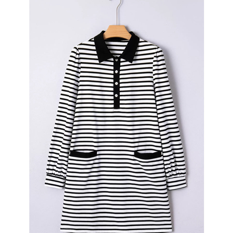 Stripe Buttoned Front Collared Long Sleeve T Shirt Dress with Pockets Apparel and Accessories