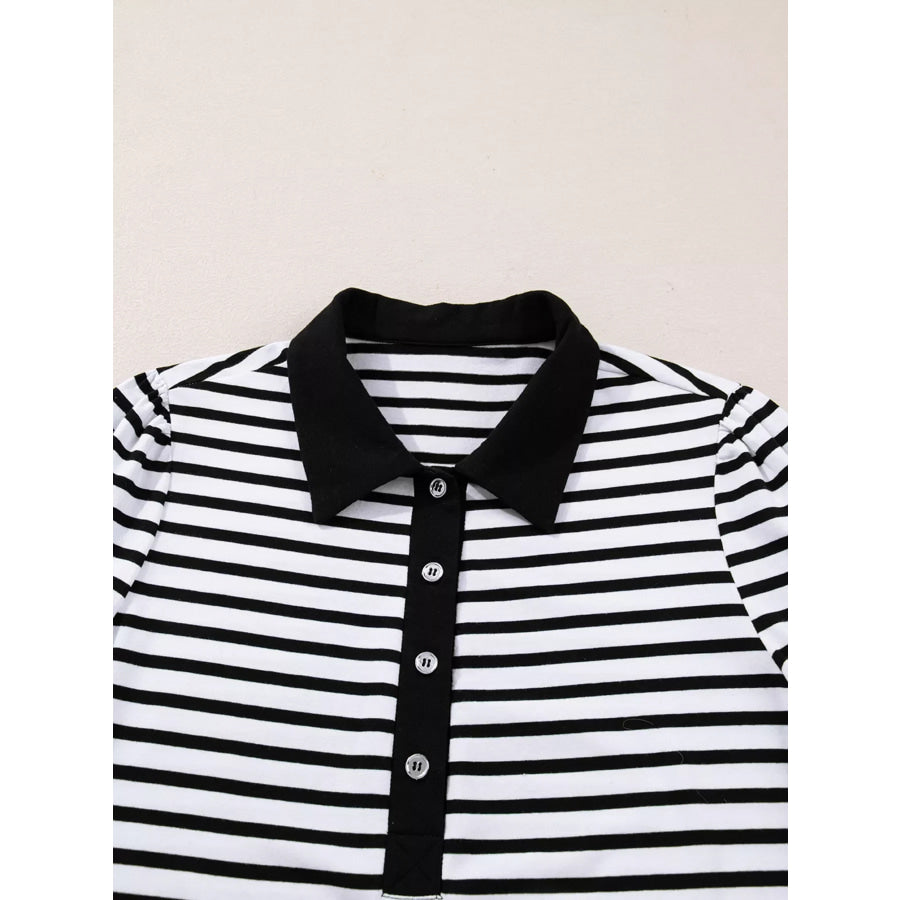 Stripe Buttoned Front Collared Long Sleeve T Shirt Dress with Pockets Apparel and Accessories