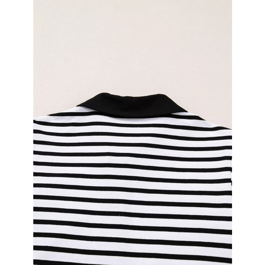 Stripe Buttoned Front Collared Long Sleeve T Shirt Dress with Pockets Apparel and Accessories