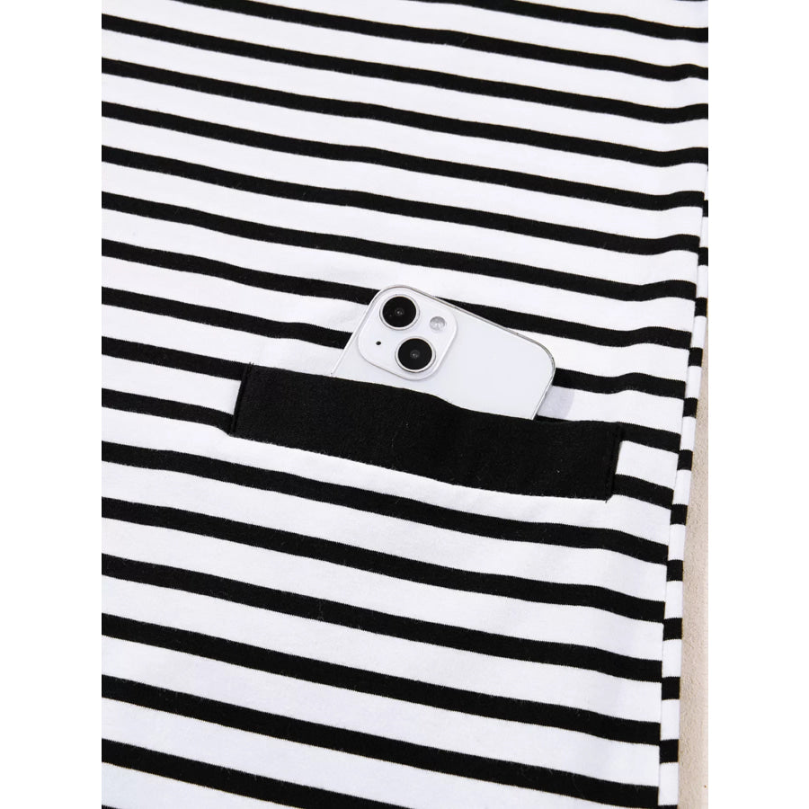 Stripe Buttoned Front Collared Long Sleeve T Shirt Dress with Pockets Apparel and Accessories