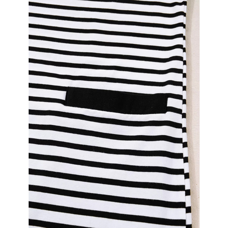 Stripe Buttoned Front Collared Long Sleeve T Shirt Dress with Pockets Apparel and Accessories