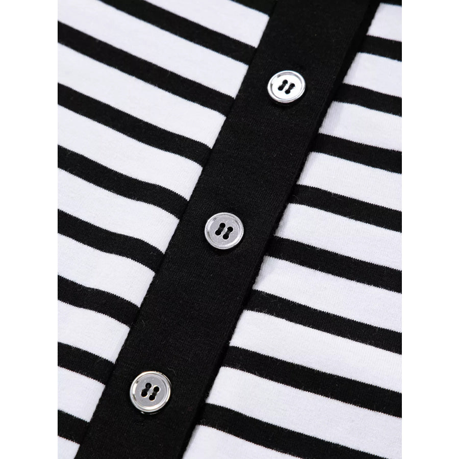 Stripe Buttoned Front Collared Long Sleeve T Shirt Dress with Pockets Apparel and Accessories