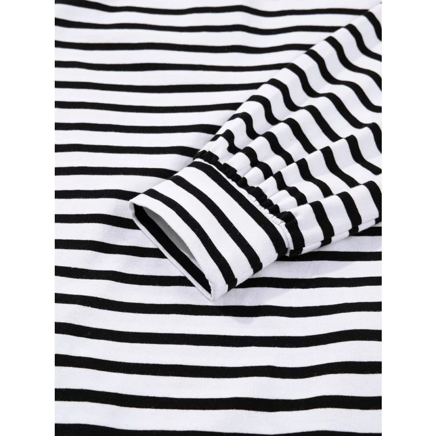 Stripe Buttoned Front Collared Long Sleeve T Shirt Dress with Pockets Apparel and Accessories