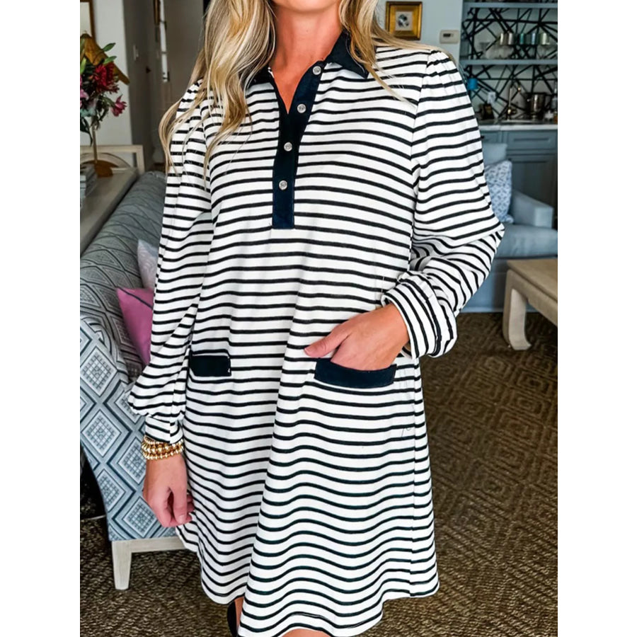 Stripe Buttoned Front Collared Long Sleeve T Shirt Dress with Pockets Black / S Apparel and Accessories