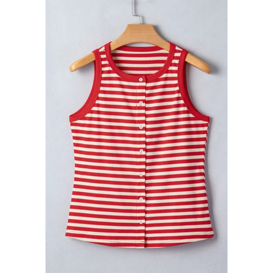 Stripe Buttoned Ribbed Knit Tank Top Apparel and Accessories