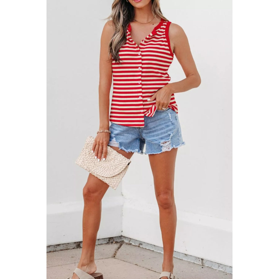Stripe Buttoned Ribbed Knit Tank Top Apparel and Accessories
