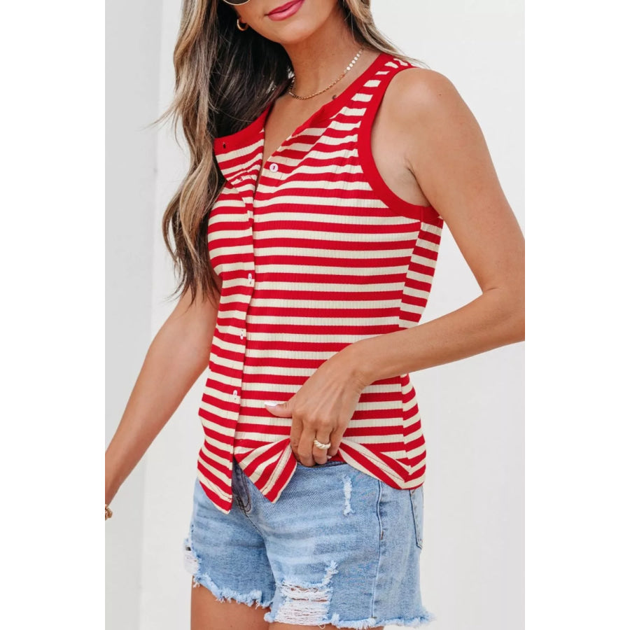 Stripe Buttoned Ribbed Knit Tank Top Apparel and Accessories