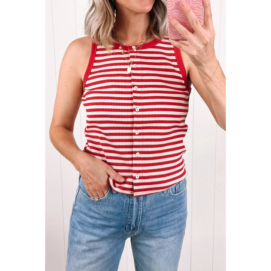 Stripe Buttoned Ribbed Knit Tank Top Apparel and Accessories