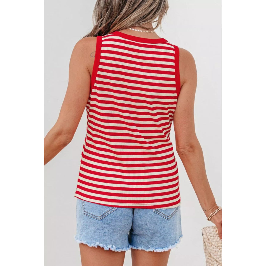 Stripe Buttoned Ribbed Knit Tank Top Apparel and Accessories