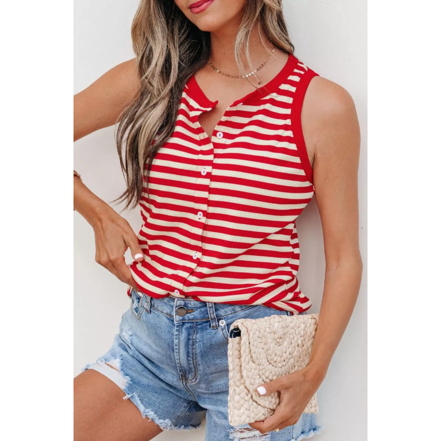 Stripe Buttoned Ribbed Knit Tank Top Scarlet / M Apparel and Accessories