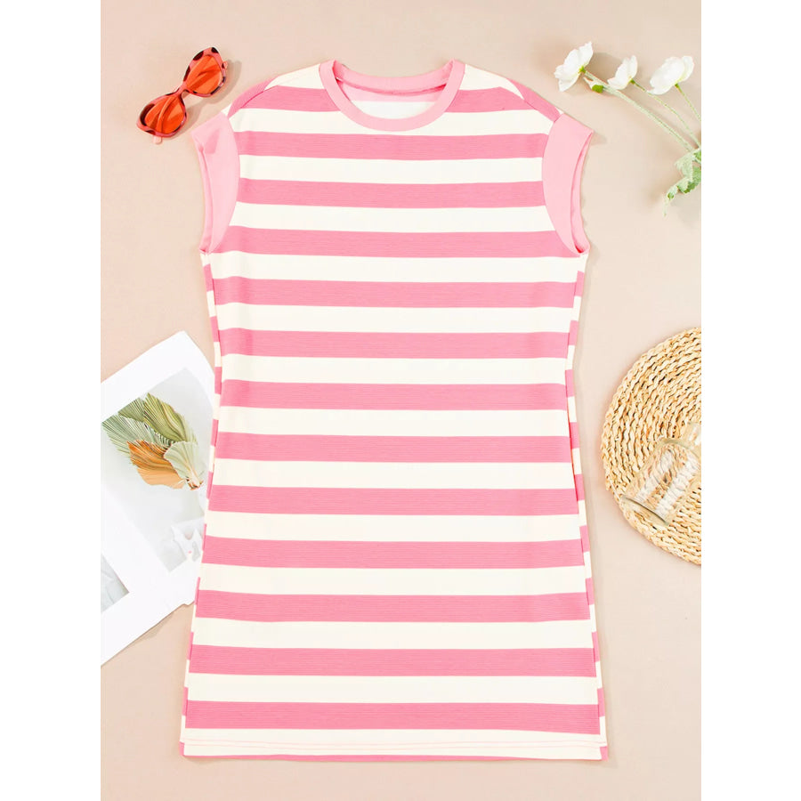 Stripe Cap Sleeve Pocketed Shift Dress Apparel and Accessories