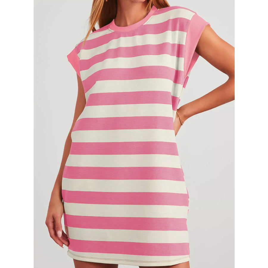 Stripe Cap Sleeve Pocketed Shift Dress Dusty Pink / S Apparel and Accessories
