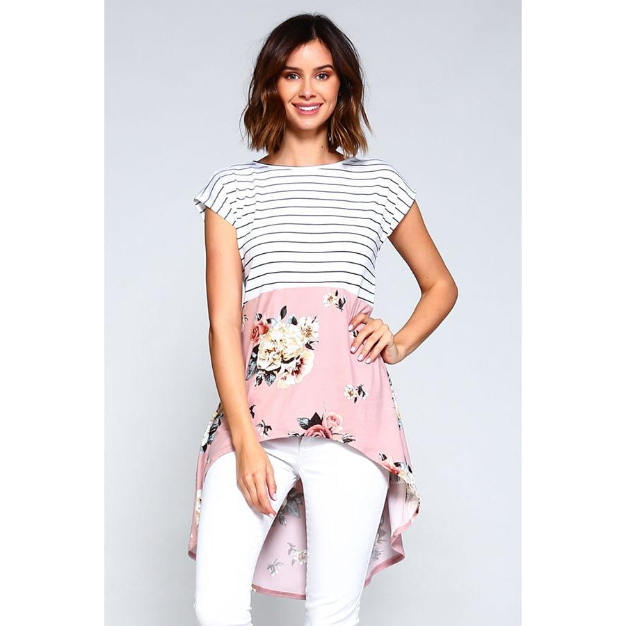 Stripe Cap Sleeve Top With Floral/stripe Bottom Hi-Low Tunic S / Blush Floral Tops