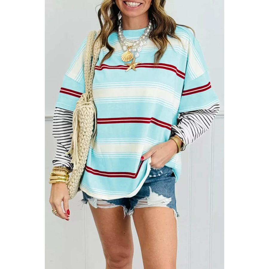 Stripe Casual Striped Patchwork Long Sleeve Loose Pullover Top Pastel Blue / S Apparel and Accessories
