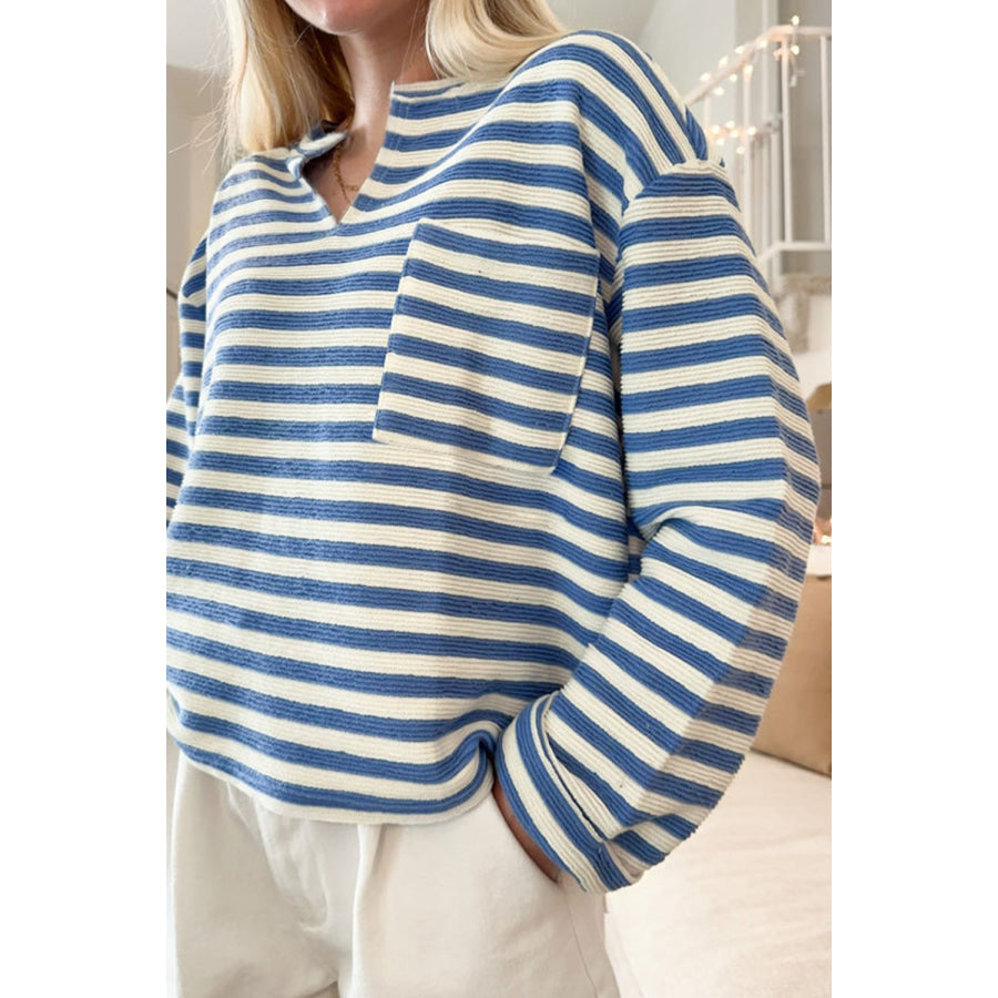 Stripe Chest Pocket Notched Top Apparel and Accessories