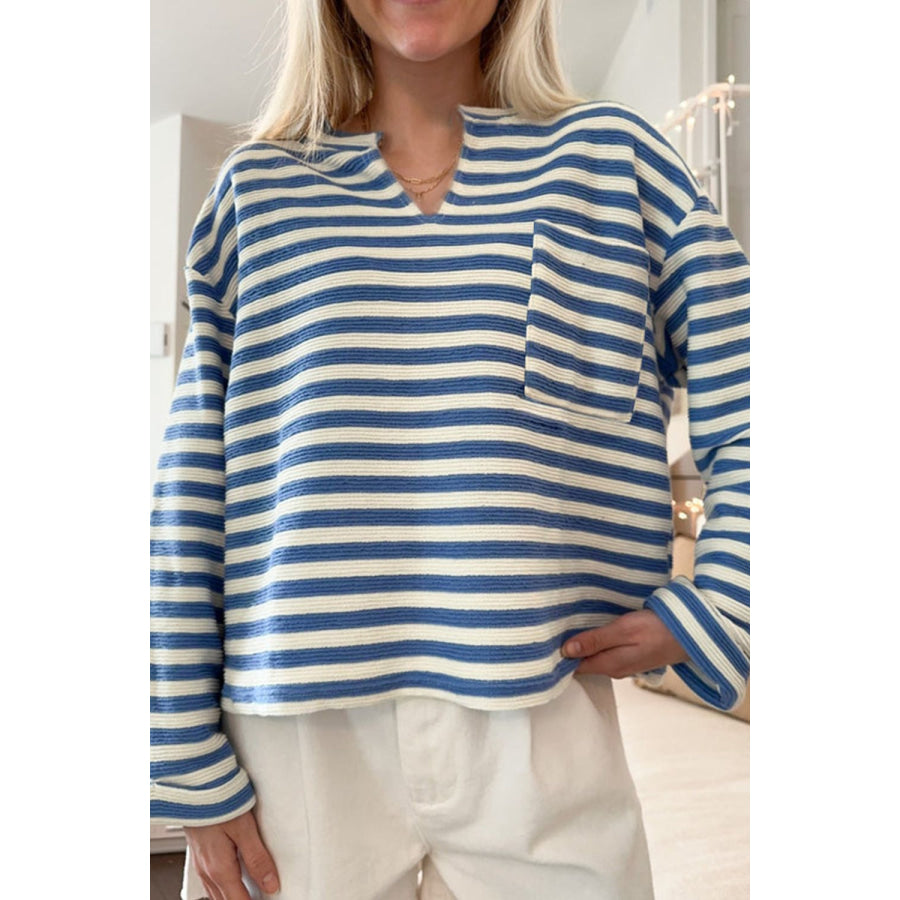 Stripe Chest Pocket Notched Top Apparel and Accessories