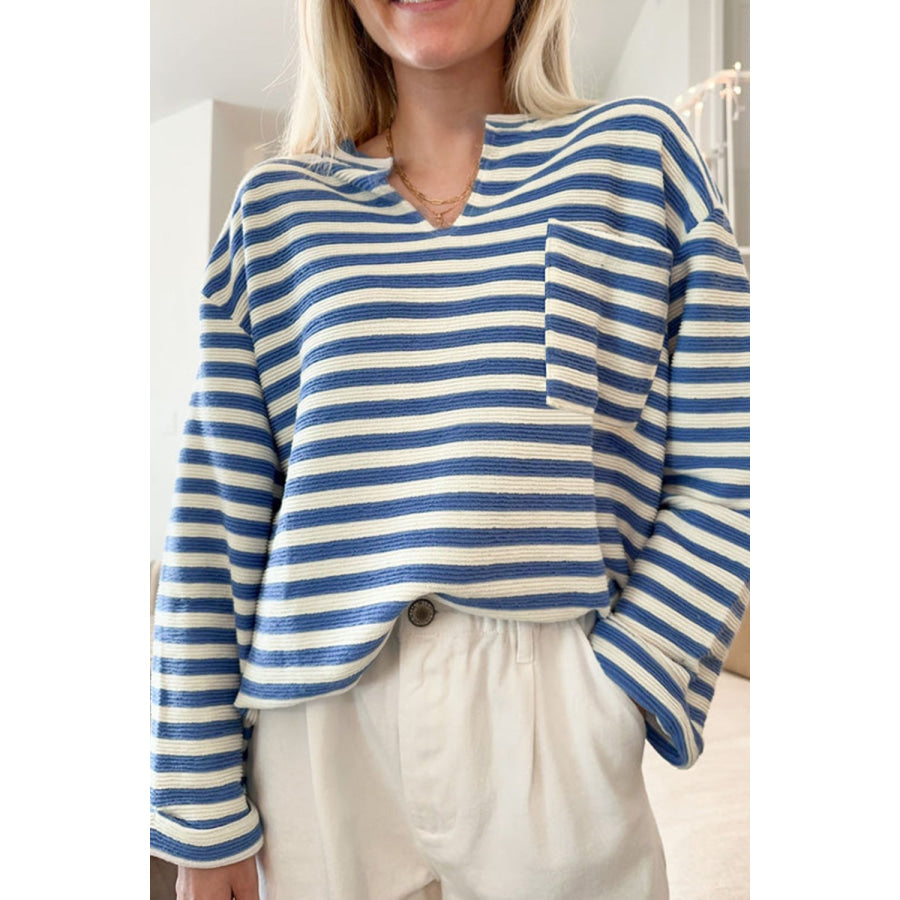 Stripe Chest Pocket Notched Top Peacock Blue / S Apparel and Accessories