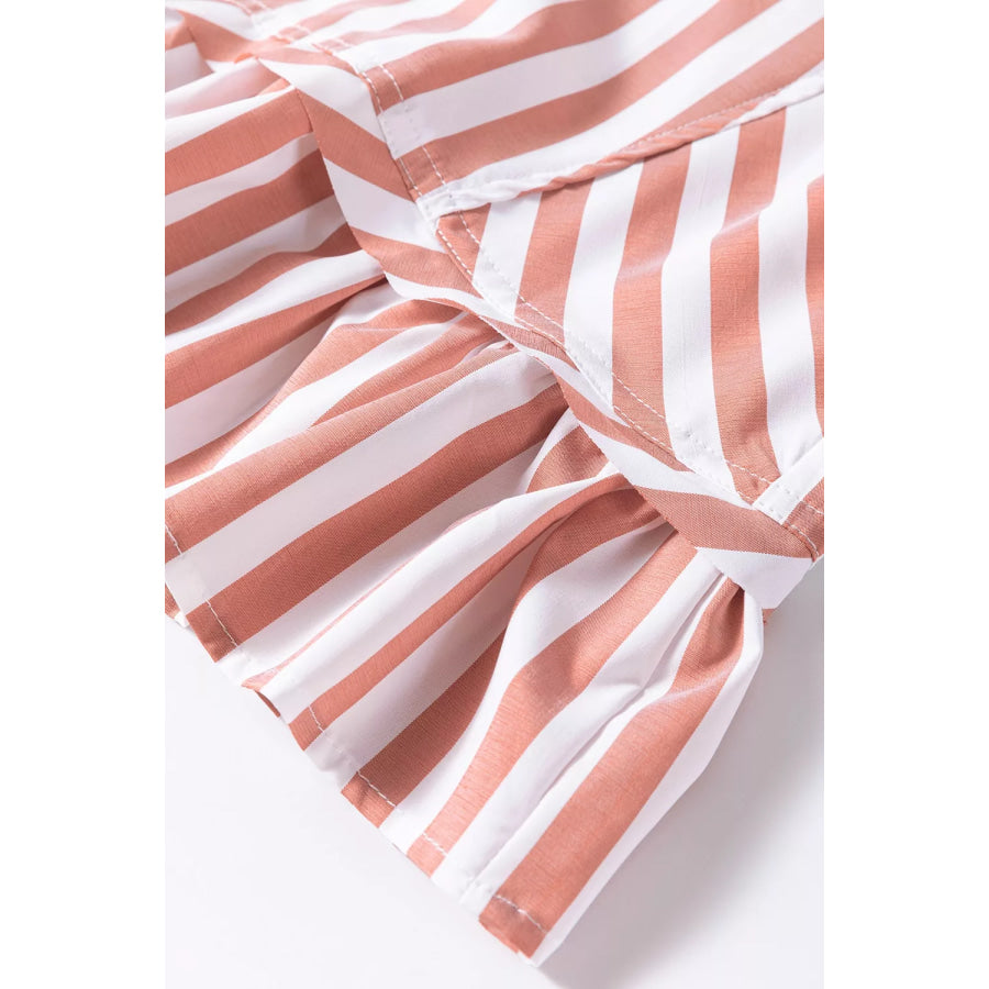 Stripe Collar Button Front Bracelet Sleeve Ruffle Hem Shirt Apparel and Accessories