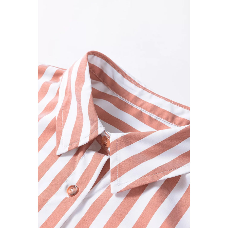 Stripe Collar Button Front Bracelet Sleeve Ruffle Hem Shirt Apparel and Accessories