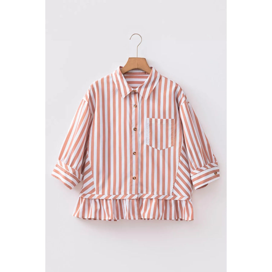 Stripe Collar Button Front Bracelet Sleeve Ruffle Hem Shirt Apparel and Accessories