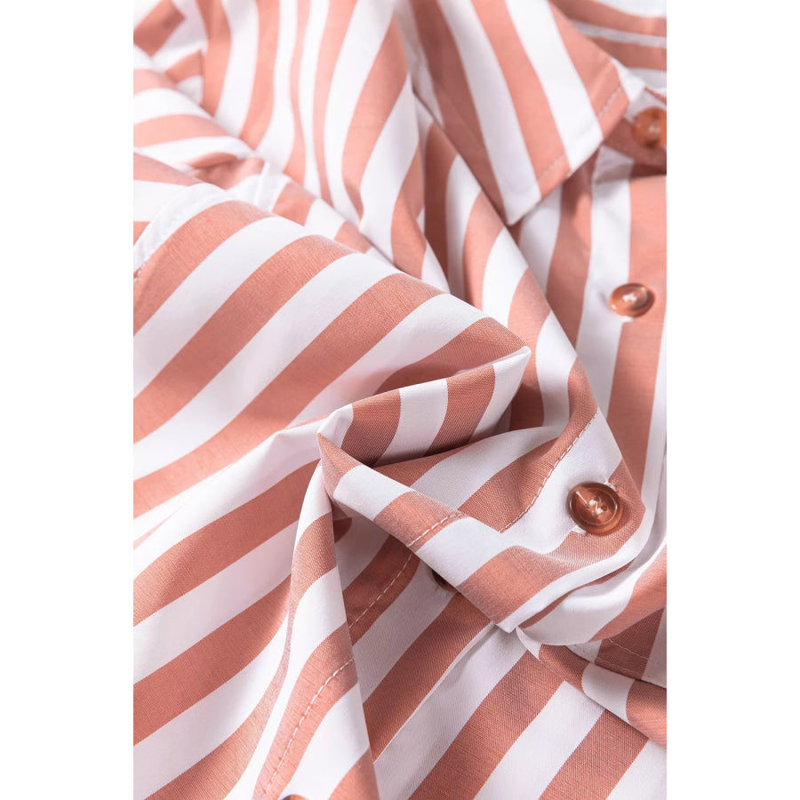 Stripe Collar Button Front Bracelet Sleeve Ruffle Hem Shirt Apparel and Accessories